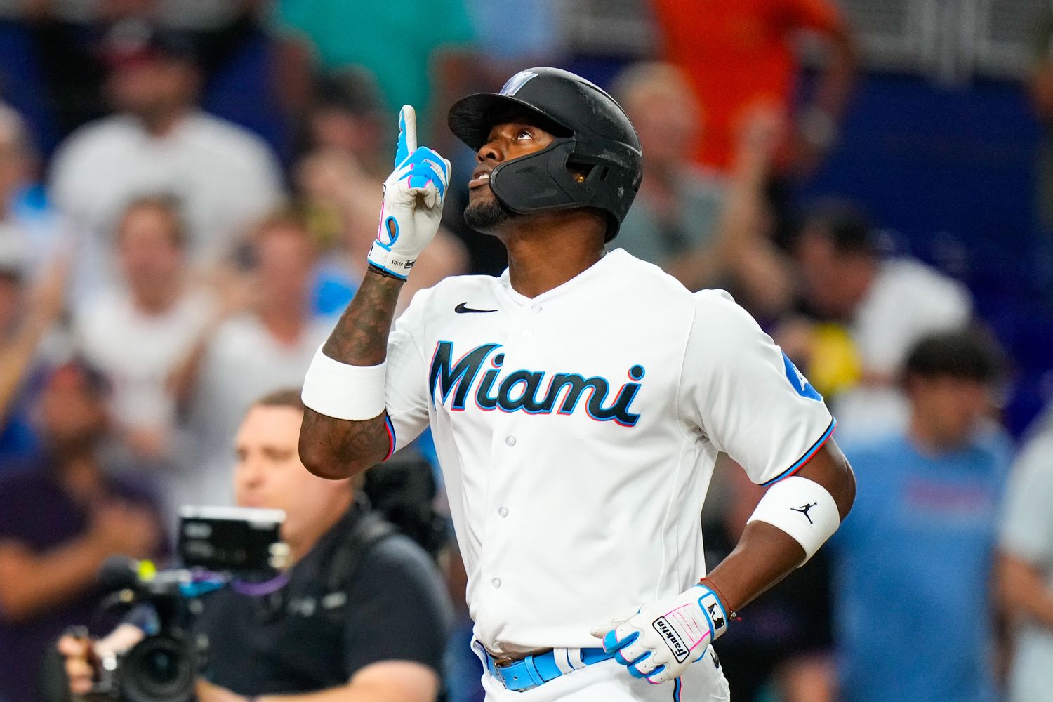 Miami Marlins designated hitter Jorge Soler celebrates hitting a home run against the Philadelphia Phillies during the ninth inning at loanDepot Park. (2023)
